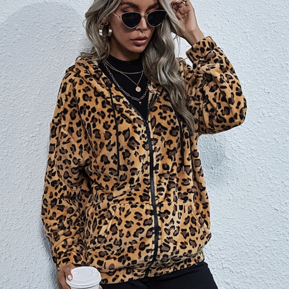 Oversized leopard print hoodie teddy jacket coat - Picture 2 of 7